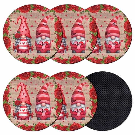 Valentine's Day Coasters Set of 6, Absorbent Coasters for Drinks, Red Gnomes Roses Love Wood Grain Brown Coaster for Desk Coffee Table Protection, Home Decor House Warming Gifts 4"