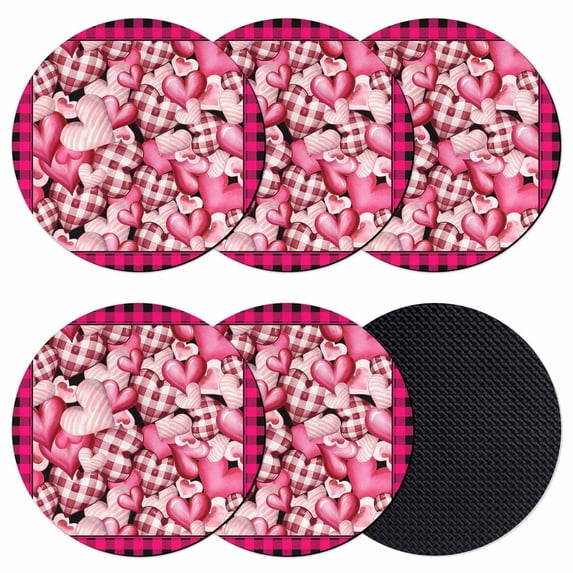 Valentine's Day Coasters Set of 6, Absorbent Coasters for Drinks, Romantic Love Pink Buffalo Plaid Coaster for Desk Coffee Table Protection, Home Decor House Warming Gifts 4"