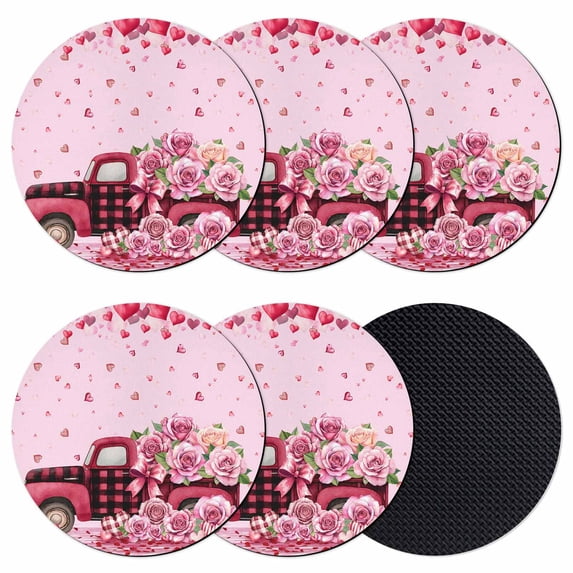 Valentine's Day Coasters Set of 6, Absorbent Coasters for Drinks, Romantic Love Roses Truck Ombre Pink Coaster for Desk Coffee Table Protection, Home Decor House Warming Gifts 4"