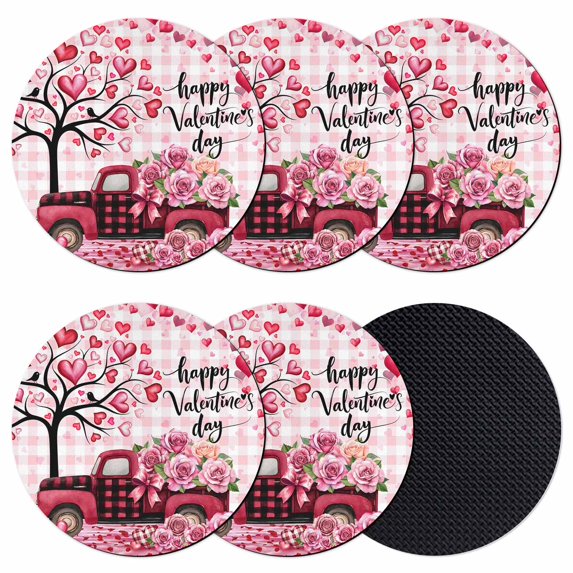 Valentine's Day Coasters Set of 6, Absorbent Coasters for Drinks, Romantic Love Tree Truck Roses Pink Plaid Coaster for Desk Coffee Table Protection, Home Decor House Warming Gifts 4"