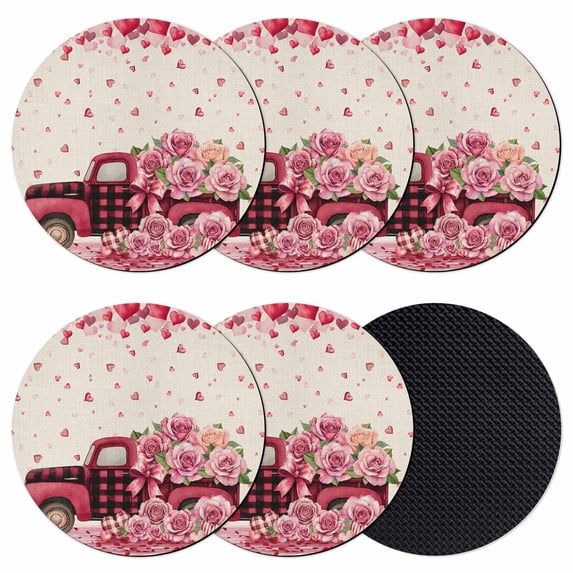 Valentine's Day Coasters Set of 6, Absorbent Coasters for Drinks, Romantic Love Truck Roses Plaid Beige Coaster for Desk Coffee Table Protection, Home Decor House Warming Gifts 4"