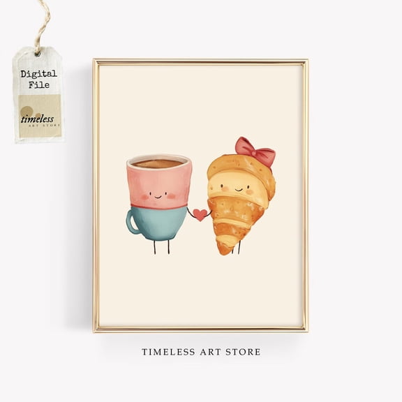 Valentine’s Day Coffee and Croissant Art Print | Cute Pastel Breakfast Illustration | Whimsical Love-Themed Kitchen Wall Decor, Stretched Canvas 16x20in