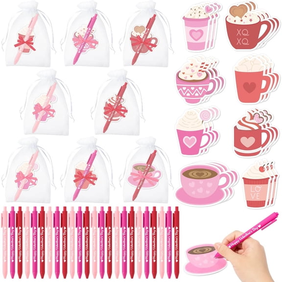 Valentines Day Coffee Cup Sticky Notes with Pen Gift Set - Heart Self Sticky Writing Memo Pads Ballpoint Pens with Mesh Bag Party Favors Office Supplies