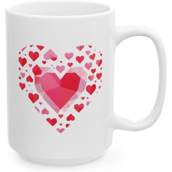 Valentines Day Coffee Mug  Faceted Gemstone Heart Design, 15 oz White Ceramic Mug, Dishwasher & Microwave Safe