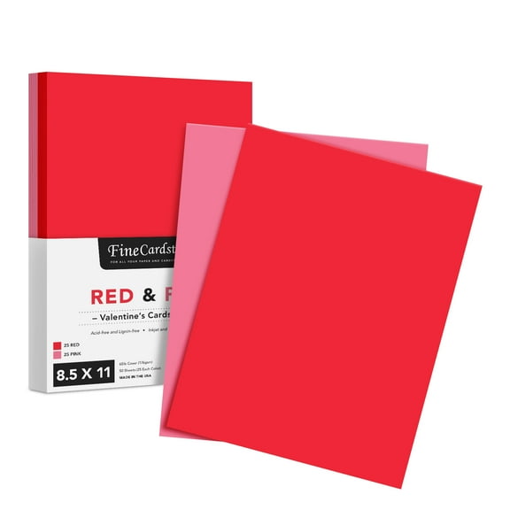 Valentine's Day Colored Card Stock Paper, Red & Pink 8.5 x 11" Cardstock for Greeting Cards, Art & Crafts, Invitations | 65lb Cover, Printer Compatible | 25 Red, 25 Pink (50 Sheets Total)