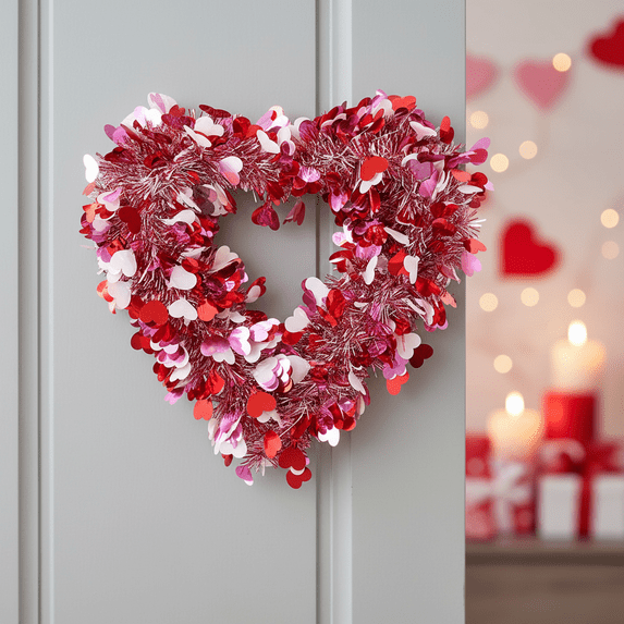 Valentine's Day Colorful Heart-shaped Wreath, Artificial Flower Front Door Wall Hanging Decor for Garden Entrance, 16 Inch