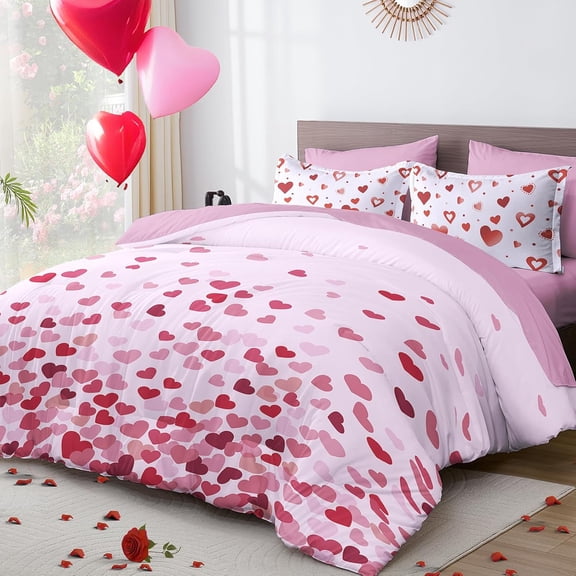 Valentine's Day Comforter Set - Lightweight Microfiber Reversible Bed in a Bag, Pink Heart Gradient Bedding Set with Comforter and Sheets