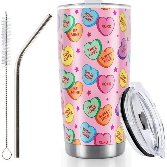 Valentine''s Day Conversation Heart Tumbler Stainless Steel Travel Tumbler with Lid Straw Brush Candy Heart Coffee Mug Cup For Anniversary Women Girlfriend Wife