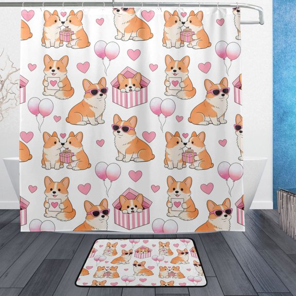 Valentine's Day Corgi Bathroom Accessory Sets Waterproof Shower Curtain with Absorbent Non-Slip Rug