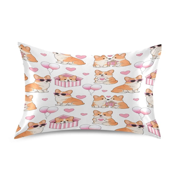 Valentine's Day Corgi King Size Satin Pillowcase 40''x20'' Double-Sided Print Soft Wrinkle Resistant