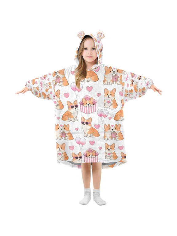 Valentine's Day Corgi Wearable Blanket Hoodie Oversized Flannel Soft Warm Cozy 3-14 Age Medium