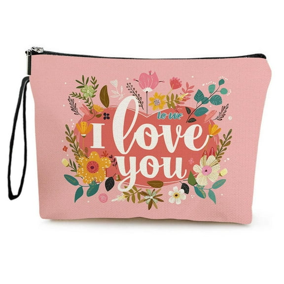 Valentine’s Day Cosmetic Bag Lipstick Bag, 10x6.7 Inch Flowers & Hearts Printed Portable Zipper Cute Stocking Stuffer Present