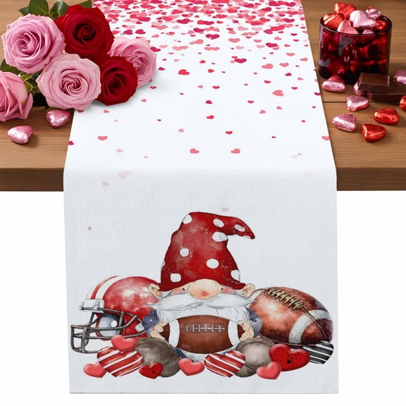 Valentine's Day Cotton Linen Table Runner Abstract Gnome with Rugby Red Black Stripes Love Heart Dining Table Runners for Home Decor Party Dining Room Restaurant Kitchen Party 13" x 36"