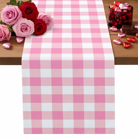 Valentine's Day Cotton Linen Table Runner Abstract Pink White Plaid Modern Mosaic Pink Checkered Dining Table Runners for Home Decor Party Dining Room Restaurant Kitchen Party 13" x 48"