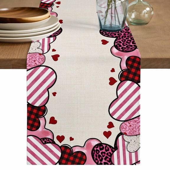Valentine's Day Cotton Linen Table Runner for Dining Kitchen, Pink Strip Love Hearts Rustic Burlap Wedding Outdoor Party Tablerunners Decoration, Dresser Scarf Coffee Tablecloth Runners 13x36 Inches