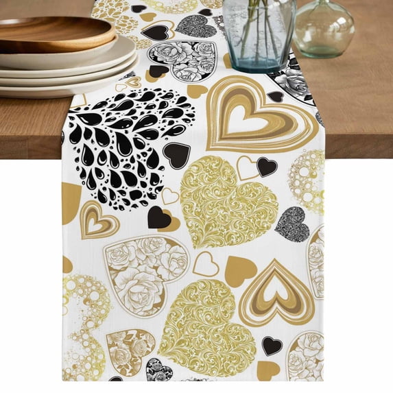Valentine's Day Cotton Linen Table Runner for Dining Kitchen, Romantic Love Heart Roses Abstract Black Gold Wedding Outdoor Party Tablerunners, Dresser Scarf Coffee Tablecloth Runners 13x108 Inches