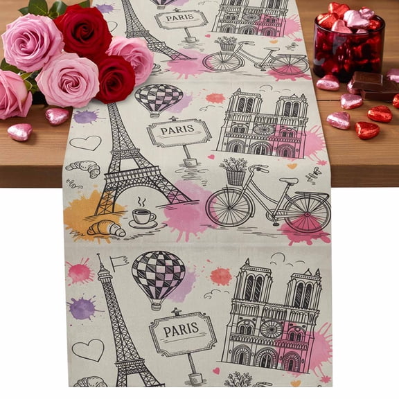 Valentine's Day Cotton Linen Table Runner Eiffel Tower Hot Air Balloon Building Bike Dining Table Runners for Home Decor Party Dining Room Restaurant Kitchen Party 13" x 48"