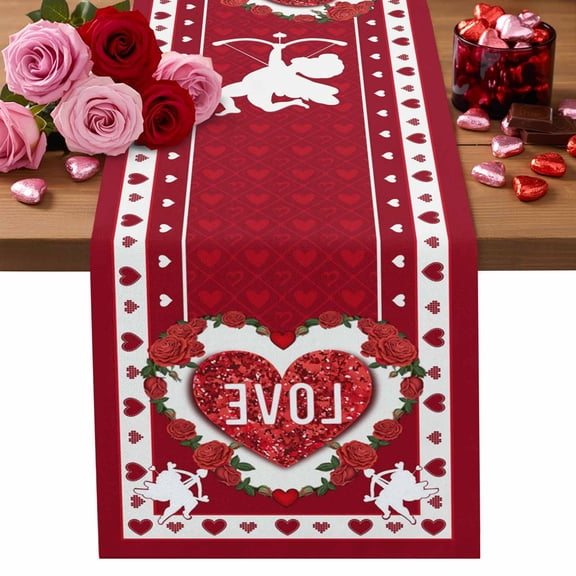 Valentine's Day Cotton Linen Table Runner LOVE Heart Cupid Rose Red Boundary Dining Table Runners for Home Decor Party Dining Room Restaurant Kitchen Party 13" x 36"