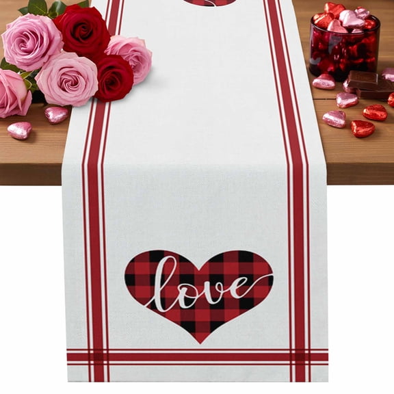 Valentine's Day Cotton Linen Table Runner Love Red Plaid Stripe Linen Dining Table Runners for Home Decor Party Dining Room Restaurant Kitchen Party 13" x 48"
