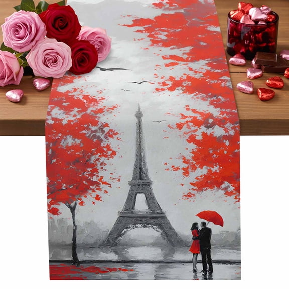 Valentine's Day Cotton Linen Table Runner Rainy Couple under Red Umbrella Paris Eiffel Tower Red Trees Dining Table Runners for Home Decor Party Dining Room Restaurant Kitchen Party 13" x 48"