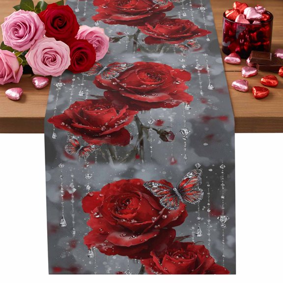 Valentine's Day Cotton Linen Table Runner Rainy Romantic Diamonds Red Roses Floral Butterfly Dining Table Runners for Home Decor Party Dining Room Restaurant Kitchen Party 13" x 48"