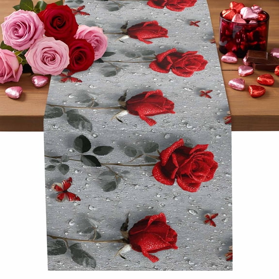 Valentine's Day Cotton Linen Table Runner Rainy Romantic Red Roses Floral Plant Butterfly Dining Table Runners for Home Decor Party Dining Room Restaurant Kitchen Party 13" x 48"