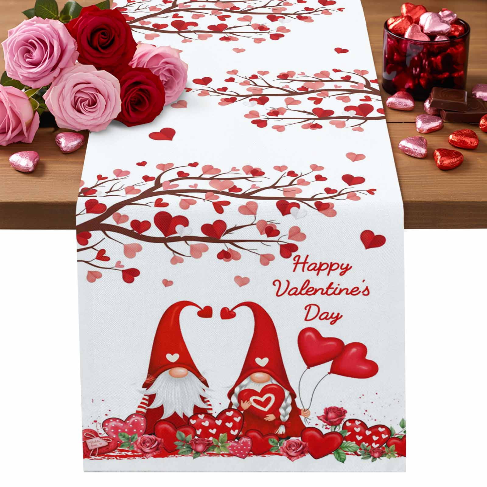 Valentine's Day Cotton Linen Table Runner Red Heart Couple Gnomes Love ...