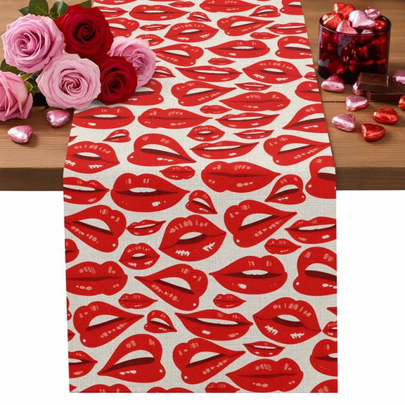 Valentine's Day Cotton Linen Table Runner Red Lips Beauty Lipstick Kisses Linen Texture Dining Table Runners for Home Decor Party Dining Room Restaurant Kitchen Party 13" x 36"