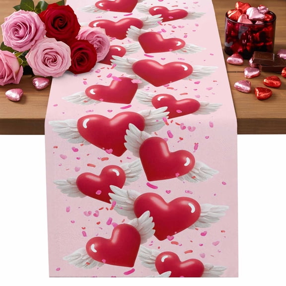 Valentine's Day Cotton Linen Table Runner Red Love Heart Wings Decoration Gradient Pink Dining Table Runners for Home Decor Party Dining Room Restaurant Kitchen Party 13" x 36"