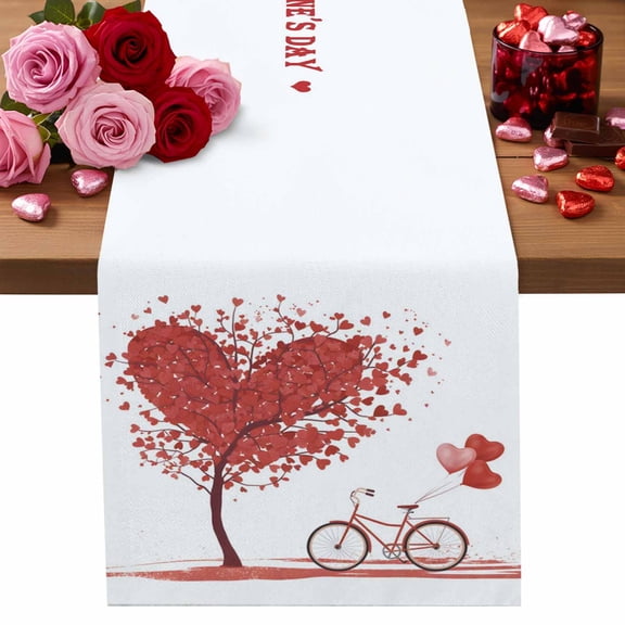 Valentine's Day Cotton Linen Table Runner Red Love Trees Bicycles Balloons Modern Art Dining Table Runners for Home Decor Party Dining Room Restaurant Kitchen Party 13" x 48"