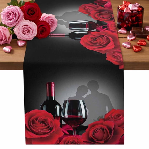 Valentine's Day Cotton Linen Table Runner Romantic Couple Lover Shadow Red Roses Floral Red Wine Dining Table Runners for Home Decor Party Dining Room Restaurant Kitchen Party 13" x 36"
