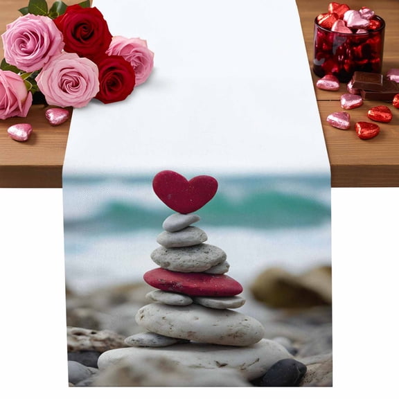 Valentine's Day Cotton Linen Table Runner Romantic Heart Rock Pyramid White Pebbles The Sea Balance Dining Table Runners for Home Decor Party Dining Room Restaurant Kitchen Party 13" x 36"