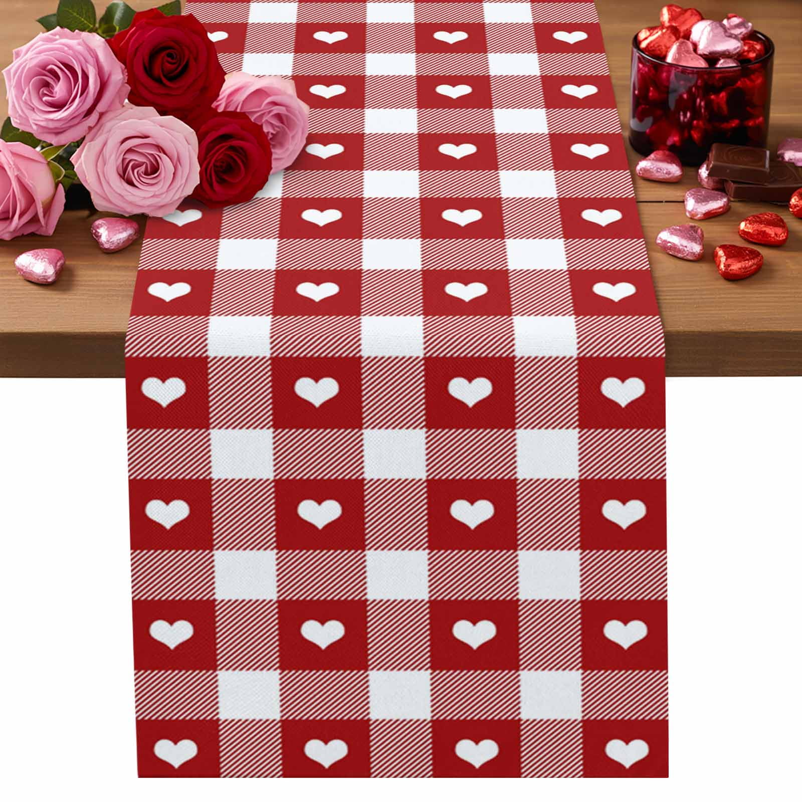 Valentine's Day Cotton Linen Table Runner Romantic Love Heart Red White Plaid Dining Table Runners for Home Decor Party Dining Room Restaurant Kitchen Party 13" x 90"