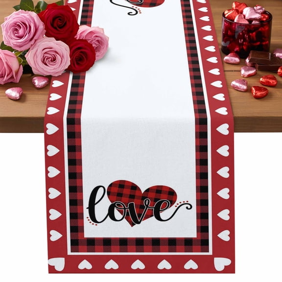 Valentine's Day Cotton Linen Table Runner Romantic Red Buffalo Plaid Love Heart Border Dining Table Runners for Home Decor Party Dining Room Restaurant Kitchen Party 13" x 60"