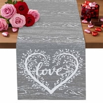 Valentine's Day Cotton Linen Table Runner Spring Tree Branches Love Heart Grey Wooden Stripes Dining Table Runners for Home Decor Party Dining Room Restaurant Kitchen Party 13" x 36"