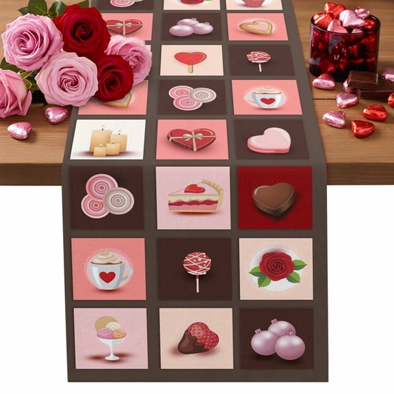 Valentine's Day Cotton Linen Table Runner Sweet Chocolate Ice Cream Cake Love Cookies Rose Candle Plaid Dining Table Runners for Home Decor Party Dining Room Restaurant Kitchen Party 13" x 36"