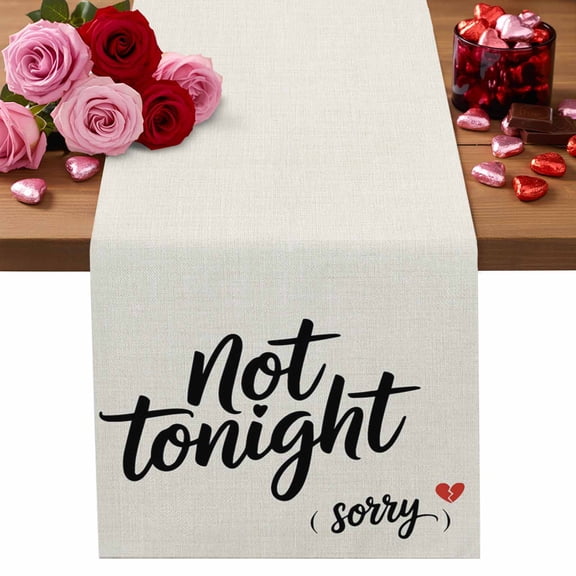 Valentine's Day Cotton Linen Table Runner Not Tonight Sorry Red Broken Love Heart Linen Texture Dining Table Runners for Home Decor Party Dining Room Restaurant Kitchen Party 13" x 36"