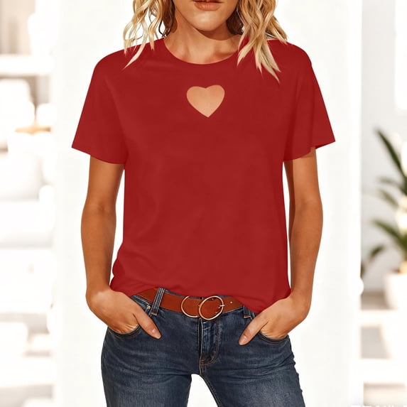Valentine's Day Cotton Shirts for Women Oversized Crewneck Heart Cut Out Short Sleeve T Shirt Tops Summer Casual Solid Plus Size Round Neck Loose Fits Comfy Tee Shirts