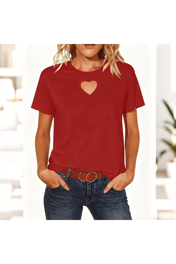 Valentine's Day Cotton Shirts for Women Oversized Crewneck Heart Cut Out Short Sleeve T Shirt Tops Summer Casual Solid Plus Size Round Neck Loose Fits Comfy Tee Shirts