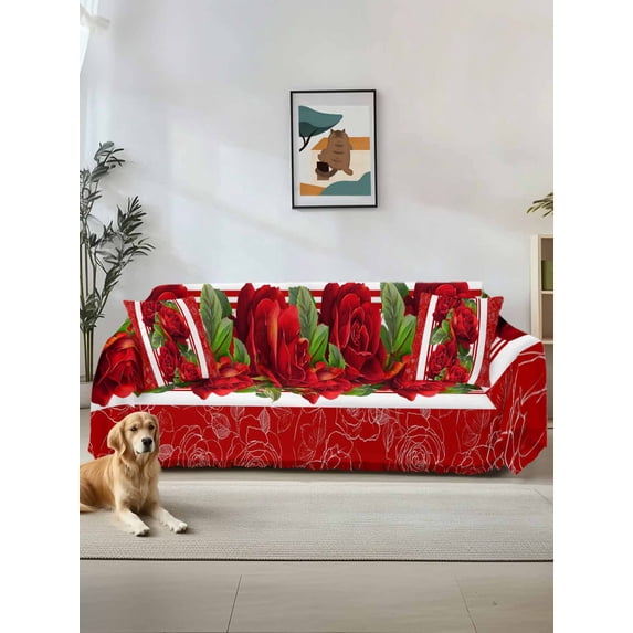 Valentine's Day Couch Cover for 2 Cushion Couch, Red Roses Floral Romantic Striped Washable Love Seat Sofa Covers Slipcover, Throw Sofa Covers for Pets, Furniture Protector 71"x102"