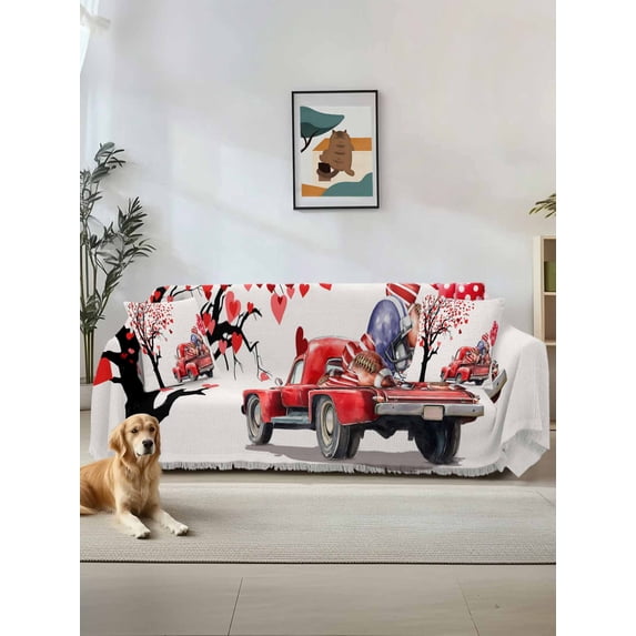 Valentine's Day Couch Cover for Dogs, Red Love Heart Tree Truck Balloons Rugby Washable Sofa Covers Slipcover for Pets Dogs Futon Cover, Couch Recliner Covers, Oversized Chair Slipcover 71"x91"