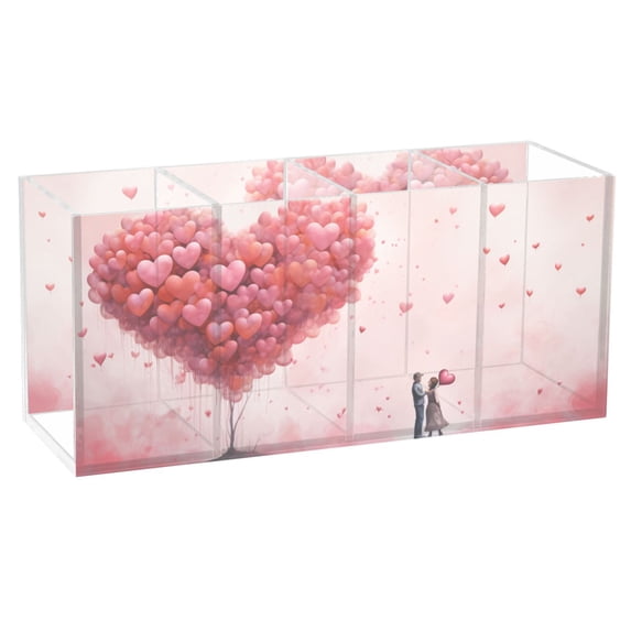Valentine's Day Couple Hearts Pencil Pen Cosmetic Holder Cup Makeup Brush Holder Desk Accessories Holder Acrylic Organizer for Office School Home
