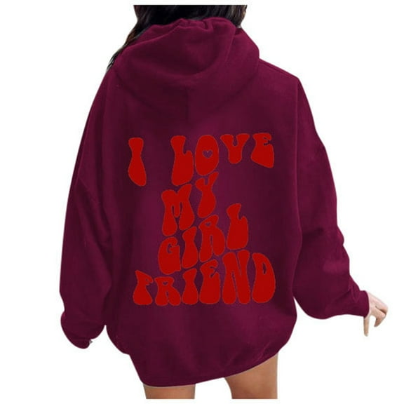 Valentine's Day Couples Hoodie Letter Print Pullover Sweatshirt For Women Cozy Hooded Top With Pockets