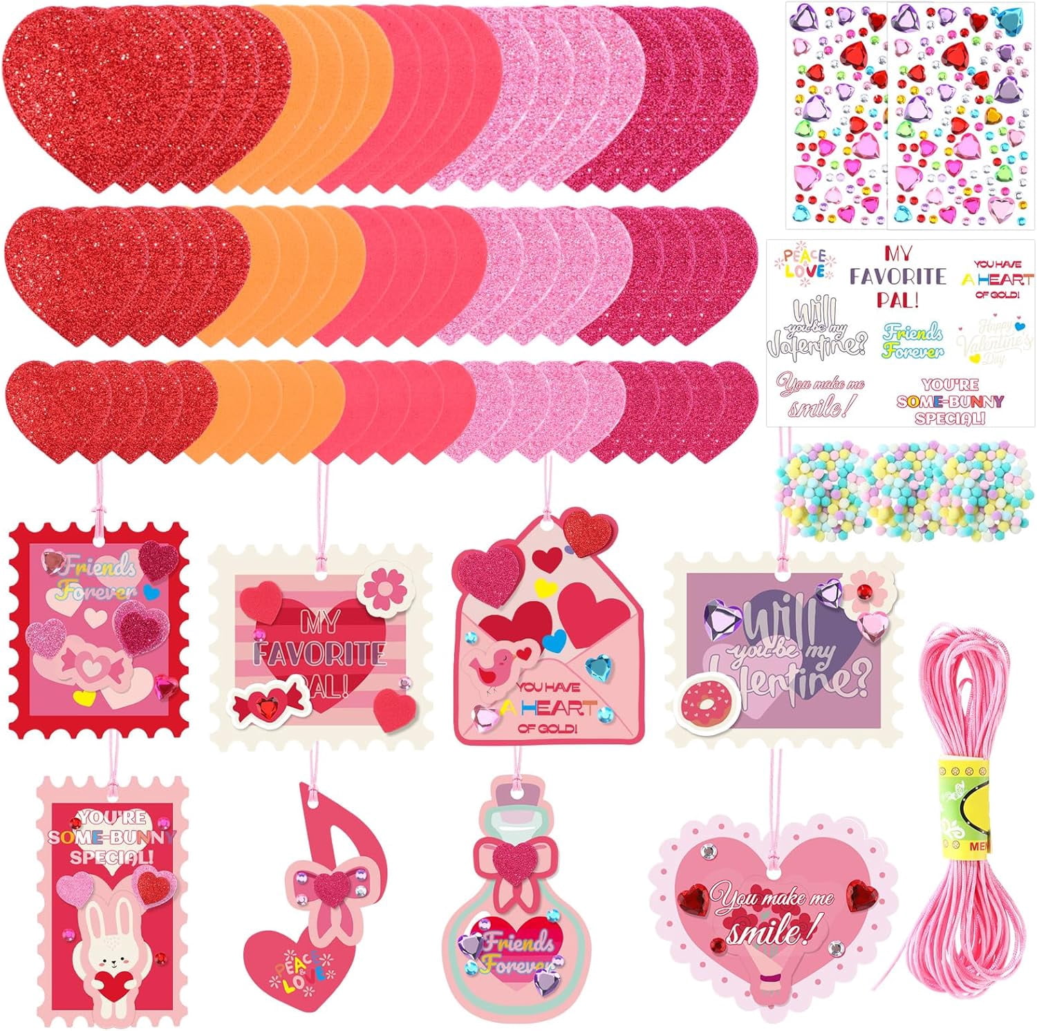 Valentine's Day Craft Kit DIY Bookmarks Set with Assorted Cards, Heart Foam Sticker, Poms, Rhinestone, Motivational Stickers for Gifts Exchange