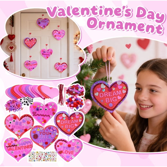 Valentine's Day Foam Heart Decoration Craft Kit with Hearts, Glitter Stickers, Pom Poms, Sticky Eyes, Satin Thread