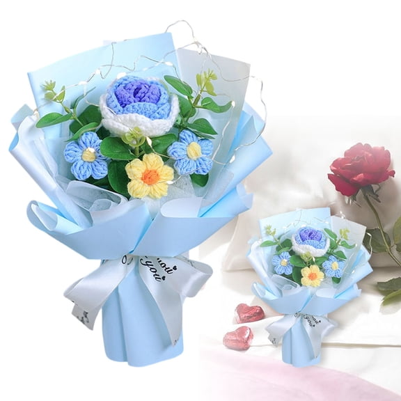 Valentine's Day Crochet Flower Bouquet, 4 Flowers Crochet Graduation Flower Bouquet, Knitted Bouquet, Roses, Preserved Flower for Mother's Day, Valentine's Day, Birthday, A