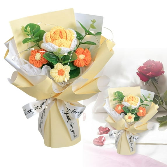 Valentine's Day Crochet Flower Bouquet, 4 Flowers Crochet Graduation Flower Bouquet, Knitted Bouquet, Roses, Preserved Flower for Mother's Day, Valentine's Day, Birthday, C