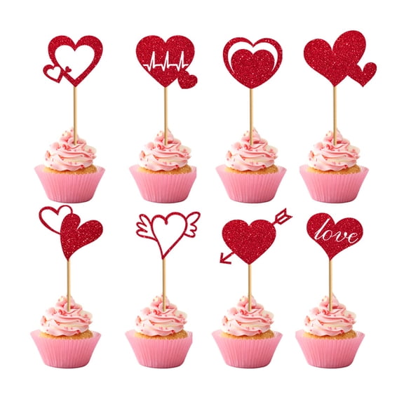 Valentines Day Cupcake Toppers, Red Glitter Heart Cake Picks, Love Theme Dessert Decorations for Valentine Party, Wedding, Anniversary Set of 24