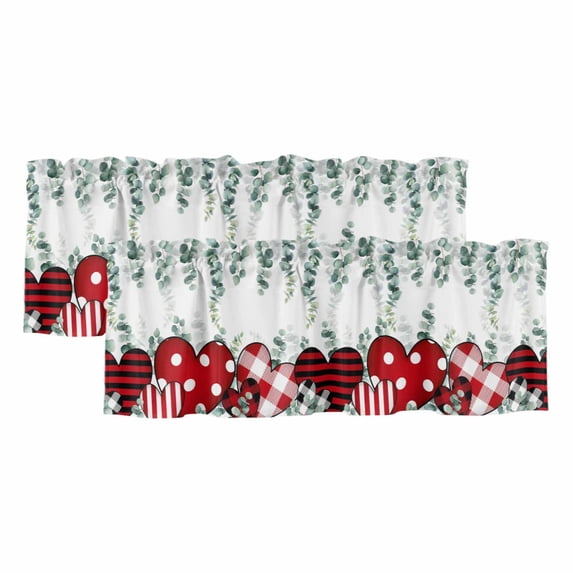 Valentine's Day Curtain Valances for Windows, Kitchen Valance Window Treatments Panel 2 Pack, Love Heart Eucalyptus Leaves Summer Botanical Rod Pocket Short Curtains for Bathroom Bedroom 54 x 18 Inch