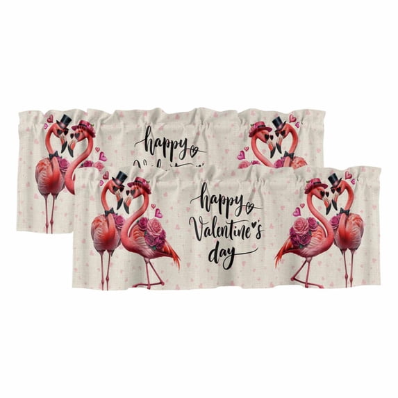 Valentine's Day Curtain Valances for Windows, Kitchen Valance Window Treatments Panel 2 Pack, Red Flamingos Roses Love Romance Beige Rod Pocket Short Curtains for Bathroom Bedroom 42 x 18 Inch